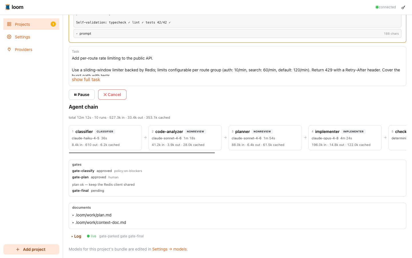 The loom agent chain: classifier, analyzer, planner, implementer, deterministic checks and reviewers — each with its model, duration and token usage; gates decided by policy and by a human