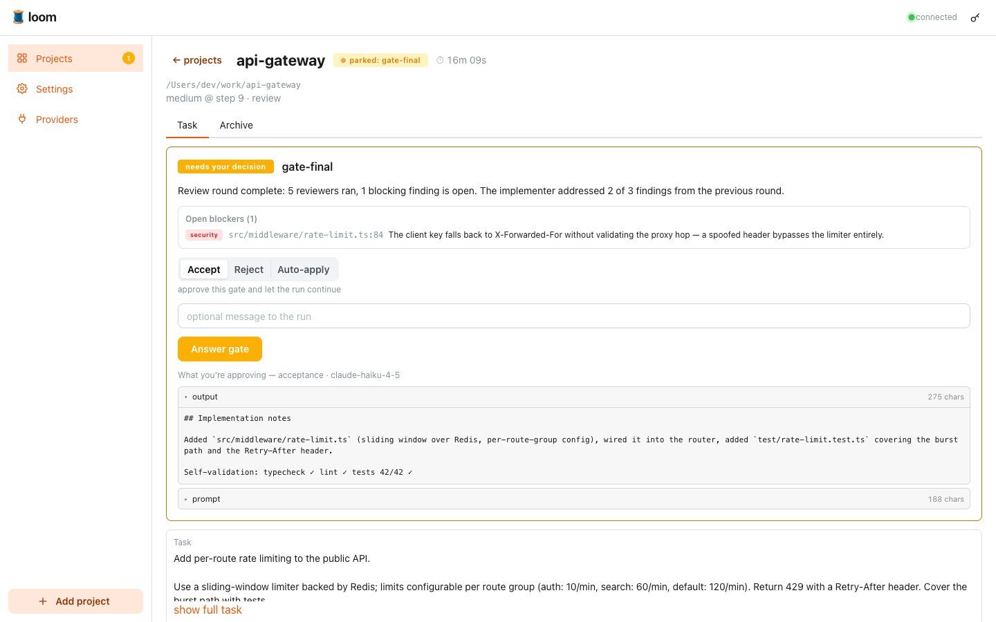 The loom dashboard: a task parked on its final gate — one open security blocker with file and line, Accept / Reject controls, and the exact agent output the operator is approving